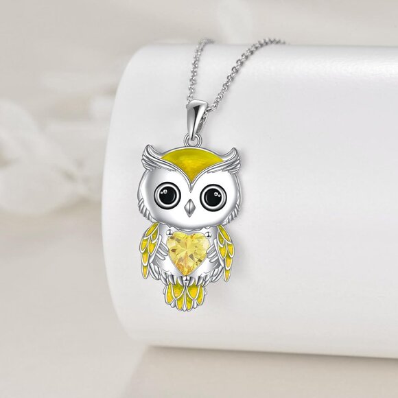 Women's Yellow Sterling Silver Birthstone Cubic Zirconia Pendant Owl Necklace - Picture 3 of 7
